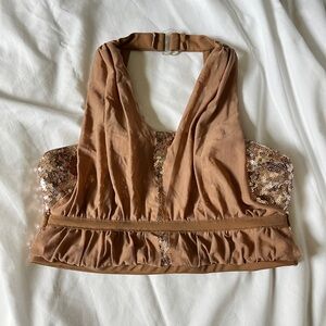 Elegant Brown Sequin Halter Top